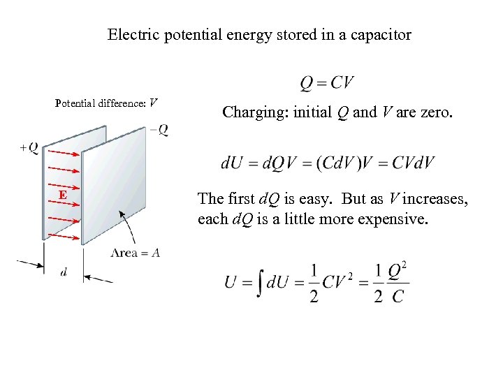 Electric potential energy stored in a capacitor Potential difference: V E Charging: initial Q