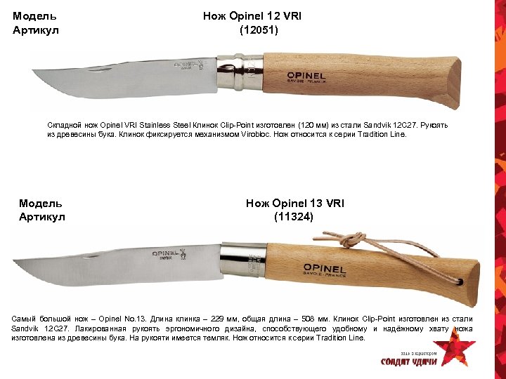 Модель Артикул Нож Opinel 12 VRI (12051) Складной нож Opinel VRI Stainless Steel Клинок