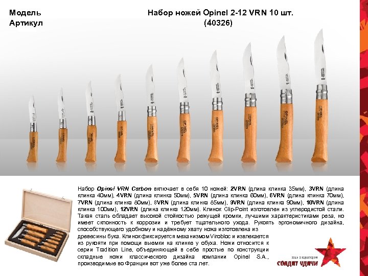 Модель Артикул Набор ножей Opinel 2 -12 VRN 10 шт. (40326) Набор Opinel VRN