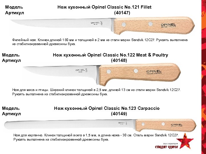 Модель Артикул Нож кухонный Opinel Classic No. 121 Fillet (40147) Филейный нож. Клинок длиной
