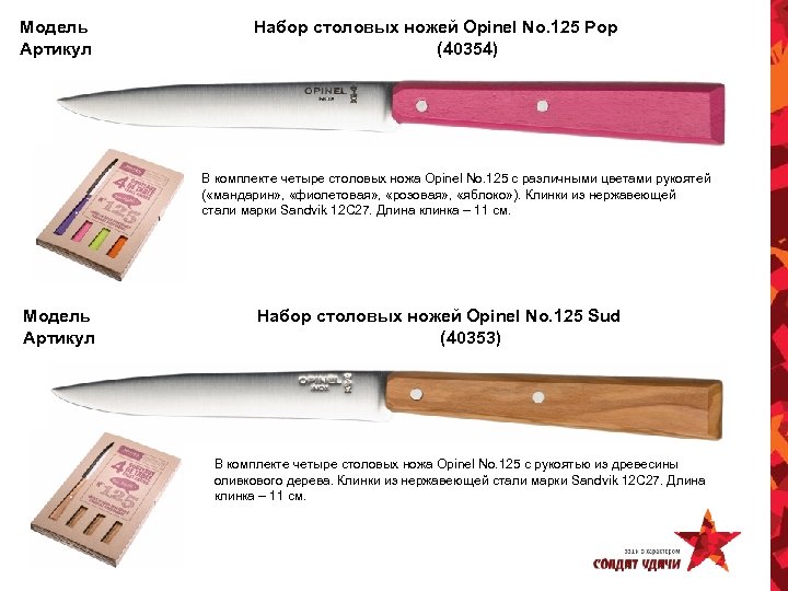 Модель Артикул Набор столовых ножей Opinel No. 125 Pop (40354) В комплекте четыре столовых