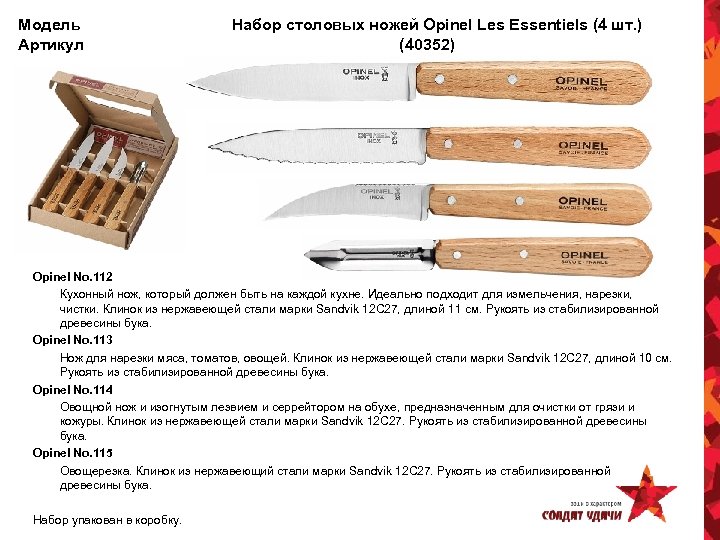 Модель Артикул Набор столовых ножей Opinel Les Essentiels (4 шт. ) (40352) Opinel No.