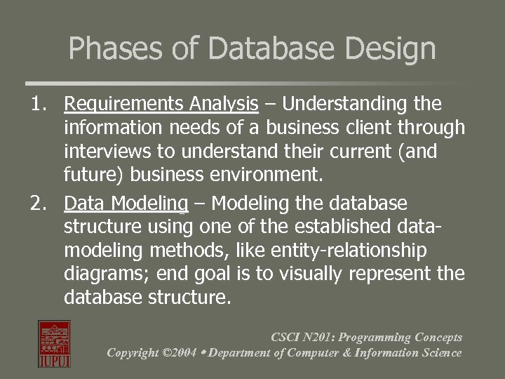 Phases of Database Design 1. Requirements Analysis – Understanding the information needs of a