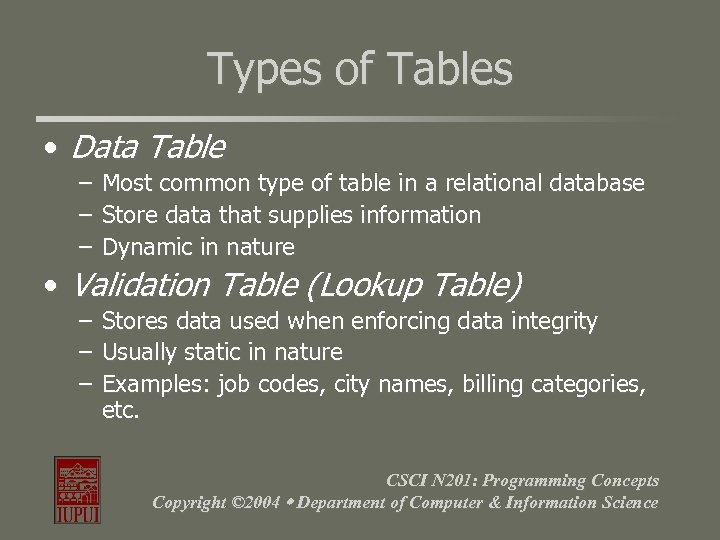 Types of Tables • Data Table – – – Most common type of table