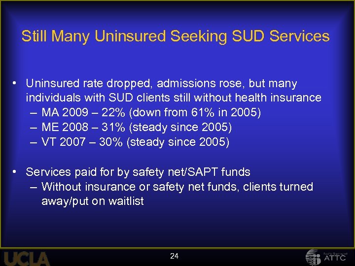 Still Many Uninsured Seeking SUD Services • Uninsured rate dropped, admissions rose, but many