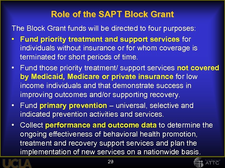 Role of the SAPT Block Grant The Block Grant funds will be directed to