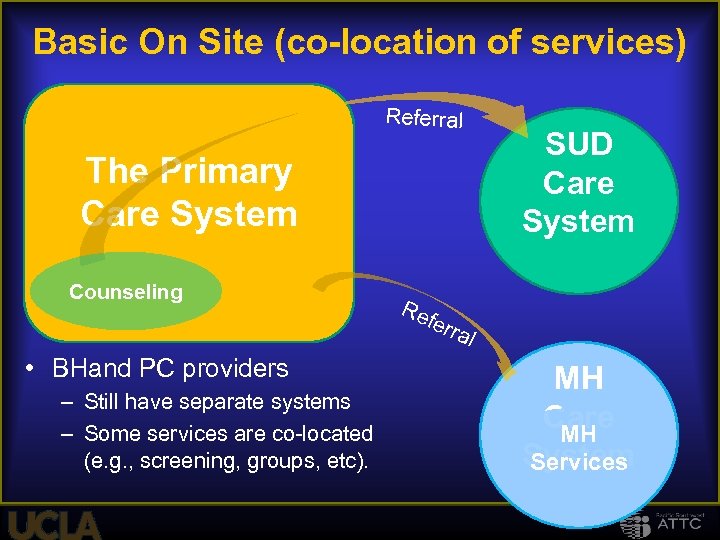 Basic On Site (co-location of services) Referral The Primary Care System Counseling SUD SBI