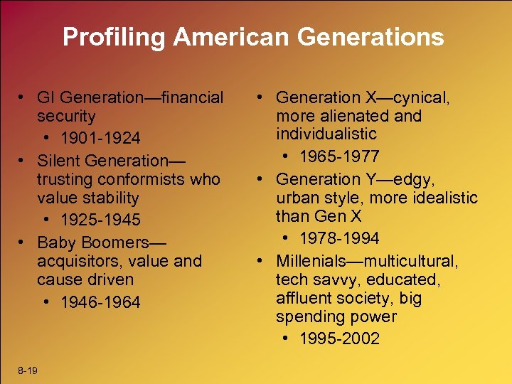 Profiling American Generations • GI Generation—financial security • 1901 -1924 • Silent Generation— trusting