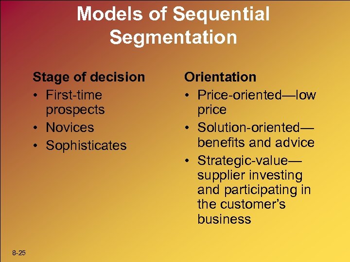 Models of Sequential Segmentation Stage of decision • First-time prospects • Novices • Sophisticates