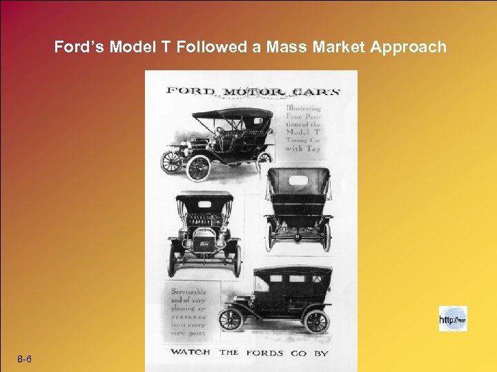 Ford’s Model T Followed a Mass Market Approach 8 -6 