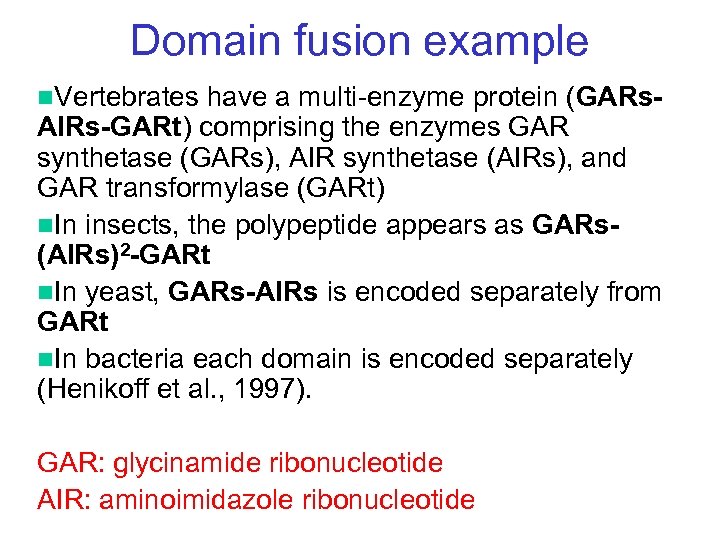 Domain fusion example n. Vertebrates have a multi-enzyme protein (GARs- AIRs-GARt) comprising the enzymes