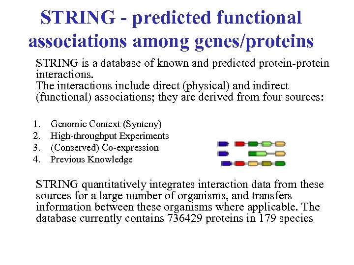 STRING - predicted functional associations among genes/proteins STRING is a database of known and