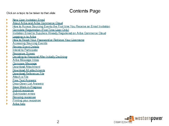 Contents Page Click on a topic to be taken to that slide New User