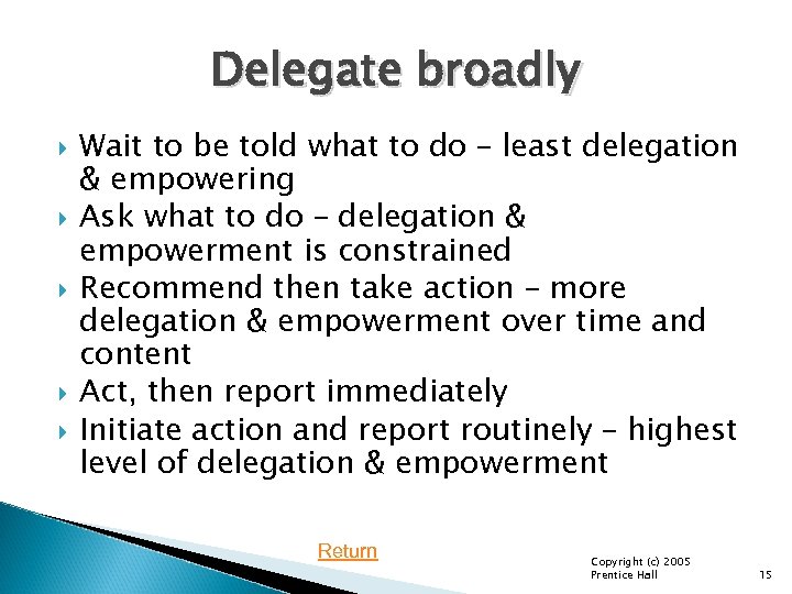 Delegate broadly Wait to be told what to do – least delegation & empowering