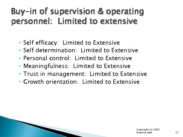 Buy-in of supervision & operating personnel: Limited to extensive ◦ ◦ ◦ Self efficacy: