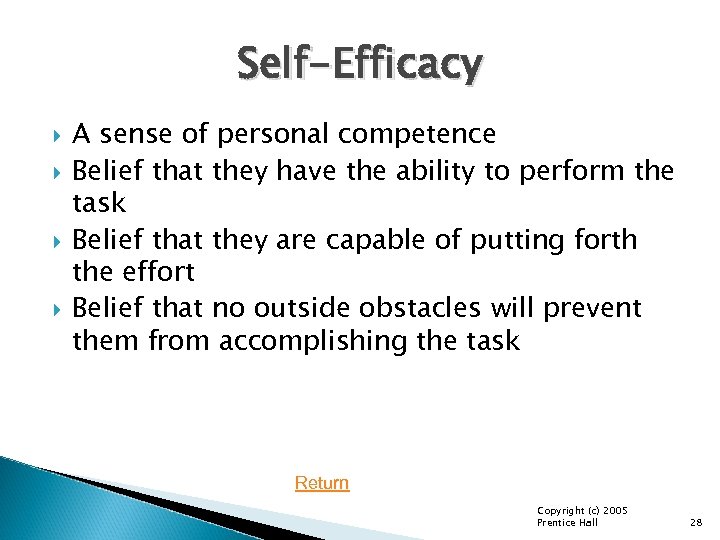 Self-Efficacy A sense of personal competence Belief that they have the ability to perform