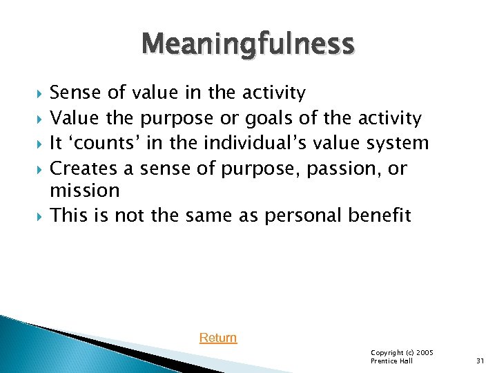 Meaningfulness Sense of value in the activity Value the purpose or goals of the