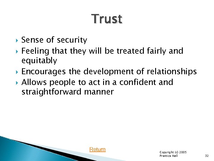 Trust Sense of security Feeling that they will be treated fairly and equitably Encourages