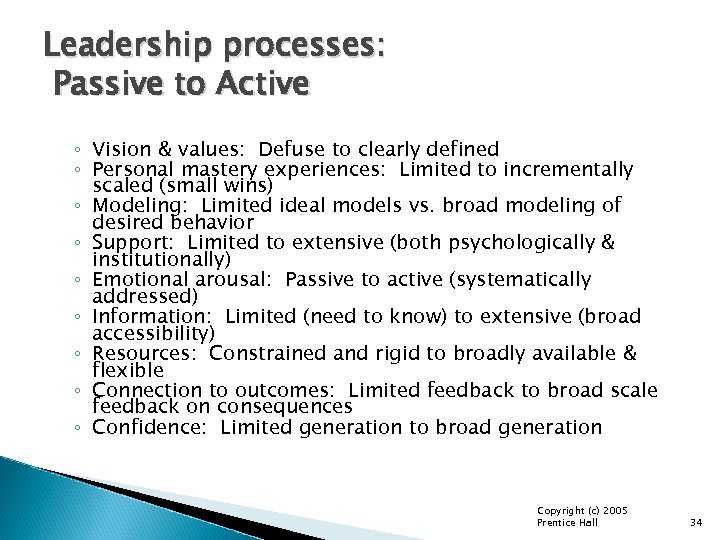 Leadership processes: Passive to Active ◦ Vision & values: Defuse to clearly defined ◦