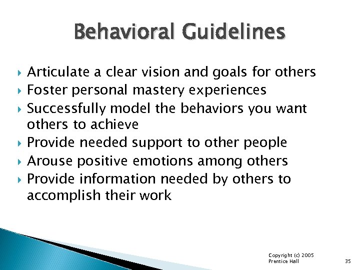 Behavioral Guidelines Articulate a clear vision and goals for others Foster personal mastery experiences