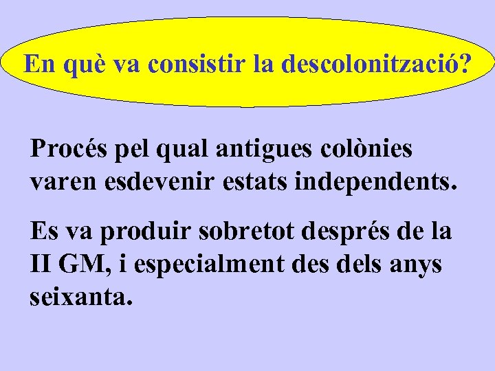 En què va consistir la descolonització? Procés pel qual antigues colònies varen esdevenir estats