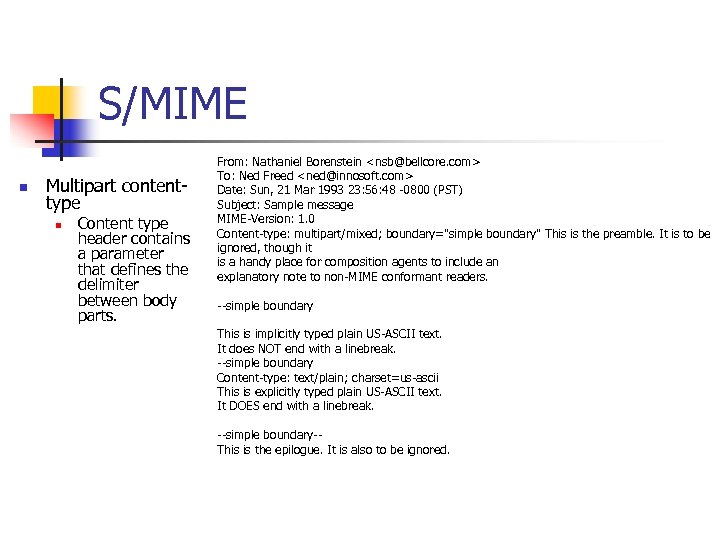 S/MIME n Multipart contenttype n Content type header contains a parameter that defines the