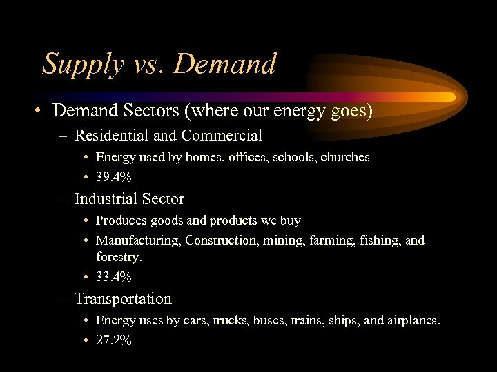 Supply vs. Demand • Demand Sectors (where our energy goes) – Residential and Commercial
