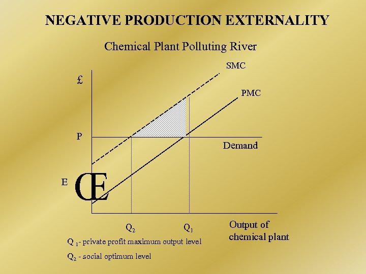 NEGATIVE PRODUCTION EXTERNALITY Chemical Plant Polluting River SMC £ PMC P E Demand Œ
