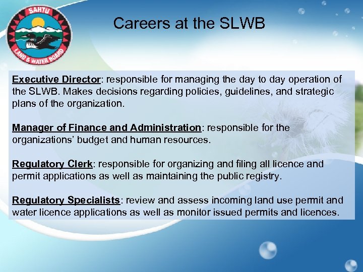 Careers at the SLWB Executive Director: responsible for managing the day to day operation