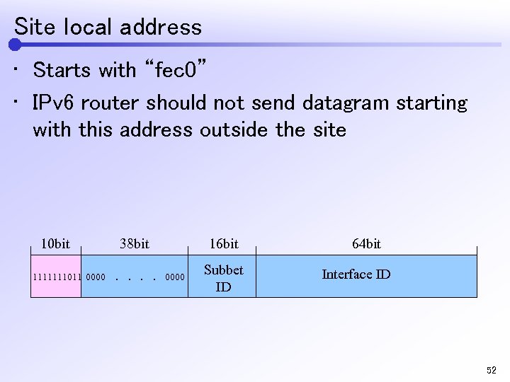 Site local address • Starts with “fec 0” • IPv 6 router should not