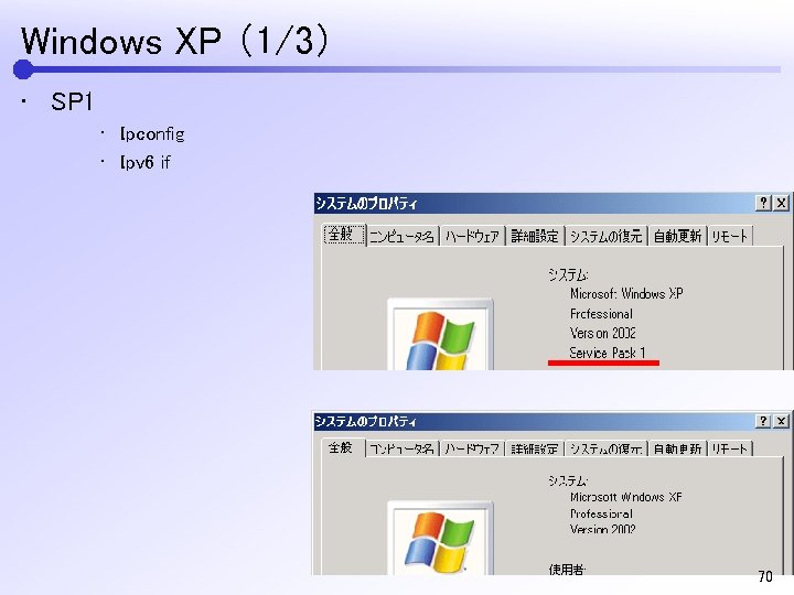 Windows XP （1/3） • SP 1 • Ipconfig • Ipv 6 if 70 