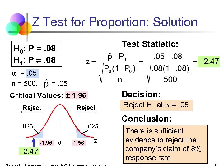 Z Test for Proportion: Solution Test Statistic: H 0: P =. 08 H 1: