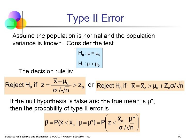Type II Error Assume the population is normal and the population variance is known.