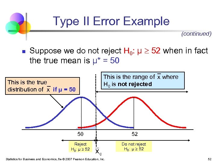 Type II Error Example (continued) n Suppose we do not reject H 0: μ