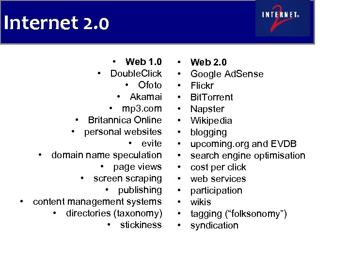 Internet 2. 0 • Web 1. 0 • Double. Click • Ofoto • Akamai