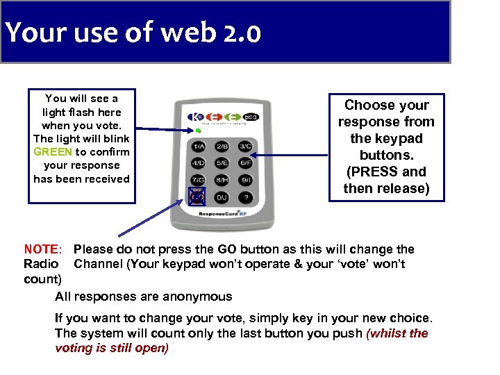 House Keeping Your use of web 2. 0 Using the keypads You will see