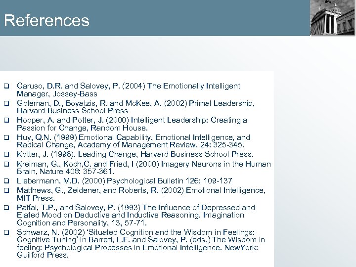 References q q q q q Caruso, D. R. and Salovey, P. (2004) The