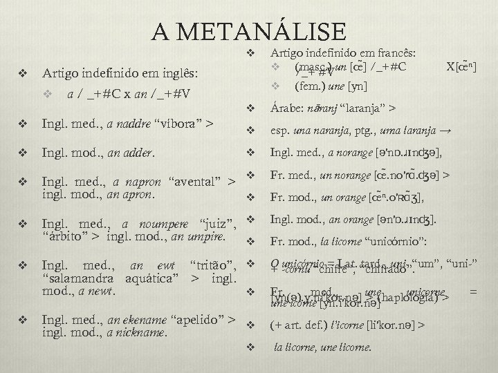 A METANÁLISE v v Artigo indefinido em inglês: v Artigo indefinido em francês: v