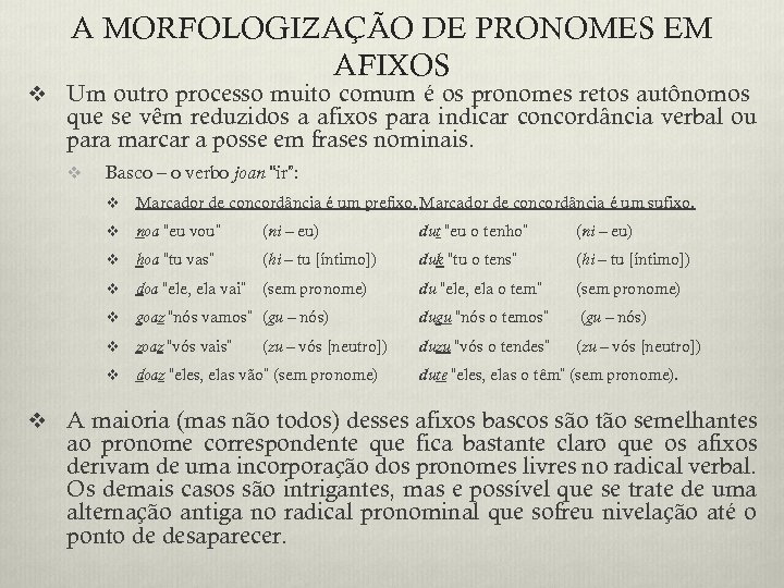 A MORFOLOGIZAÇÃO DE PRONOMES EM AFIXOS v Um outro processo muito comum é os