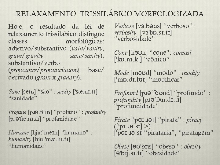 RELAXAMENTO TRISSILÁBICO MORFOLOGIZADA Hoje, o resultado da lei de relaxamento trissilábico distingue classes morfológicas:
