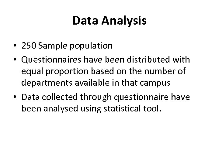 Data Analysis • 250 Sample population • Questionnaires have been distributed with equal proportion