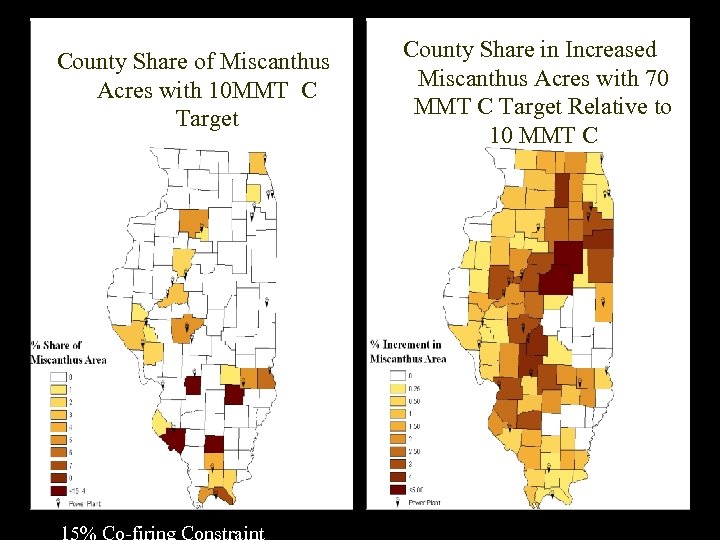 County Share of Miscanthus Acres with 10 MMT C Target County Share in Increased