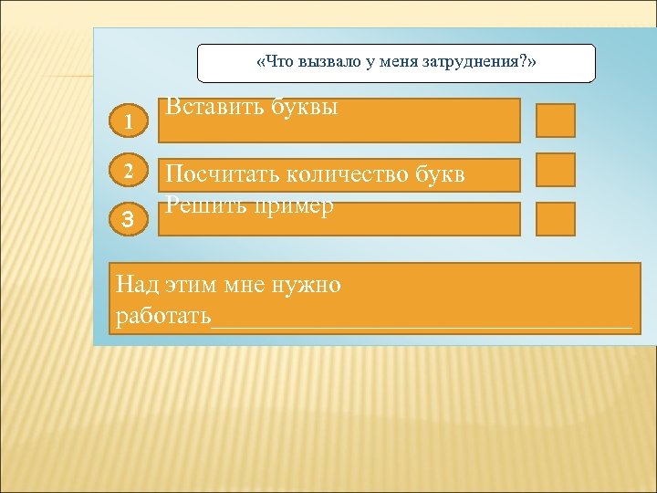  «Что вызвало у меня затруднения? » 1 2 3 Вставить буквы Посчитать количество