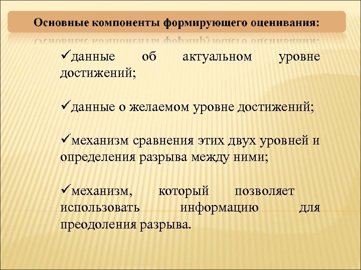  данные об достижений; актуальном уровне данные о желаемом уровне достижений; механизм сравнения этих