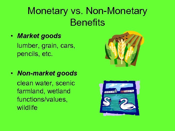 Monetary vs. Non-Monetary Benefits • Market goods lumber, grain, cars, pencils, etc. • Non-market
