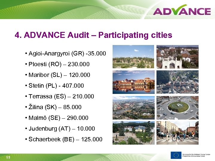4. ADVANCE Audit – Participating cities • Agioi-Anargyroi (GR) -35. 000 • Ploesti (RO)