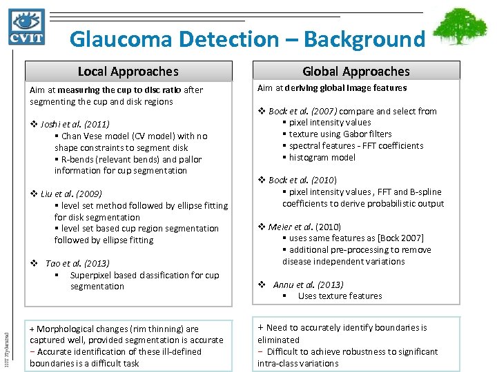 Glaucoma Detection – Background Local Approaches Aim at measuring the cup to disc ratio