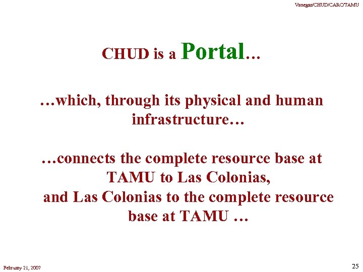 Vanegas/CHUD/CARC/TAMU CHUD is a Portal… …which, through its physical and human infrastructure… …connects the