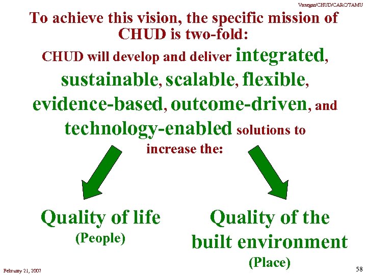 Vanegas/CHUD/CARC/TAMU To achieve this vision, the specific mission of CHUD is two-fold: CHUD will