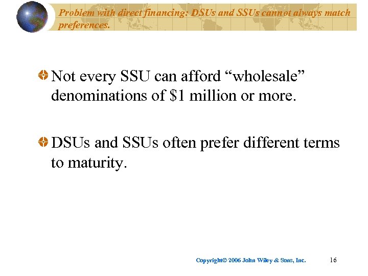 Problem with direct financing: DSUs and SSUs cannot always match preferences. Not every SSU